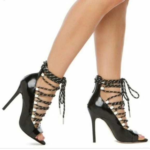 GX by Gwen Stefani Women's Size 9 Heels Lace Up Leg Wrap 4.5" Shoes Black White