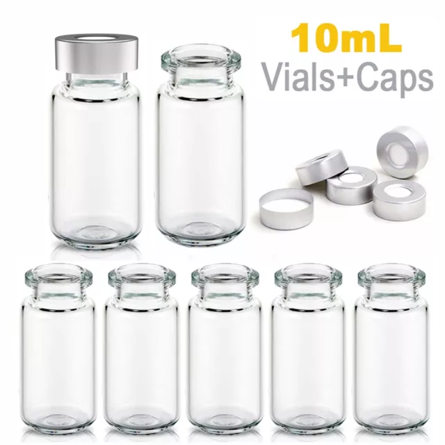 100PCS 10ml Sample Vials 20mm Clear Glass Bottles Caps Headspace Crimp Top HPLC