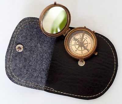 Brass Compass Black Leather Case Dollond London Thoreau Hiking 2" Pocket Compass
