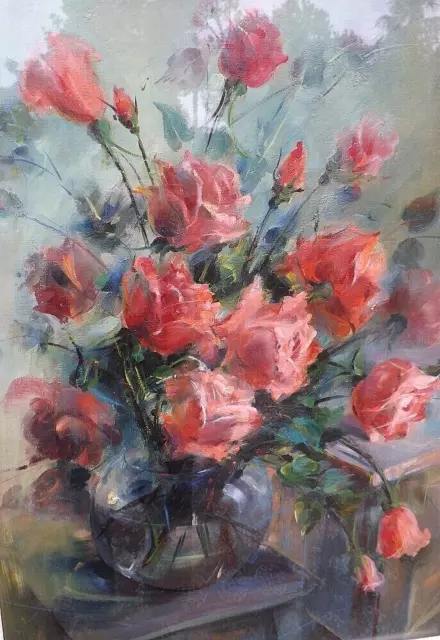 Bellissimo dipinto ad olio anni 1960 rose in vaso, firmato Rosa Satti