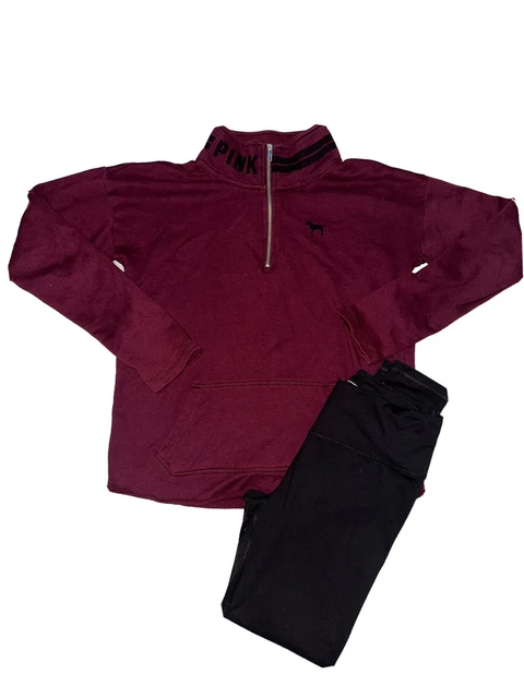 VS PINK Outfit Medium Victoria’s Secret Half Zip Pullover Leggings Maroon Logo