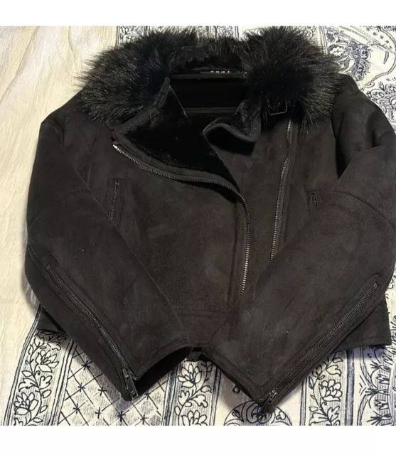 DKNY Womens Faux-Suede Faux Fur Motorcycle Jacket Black Small