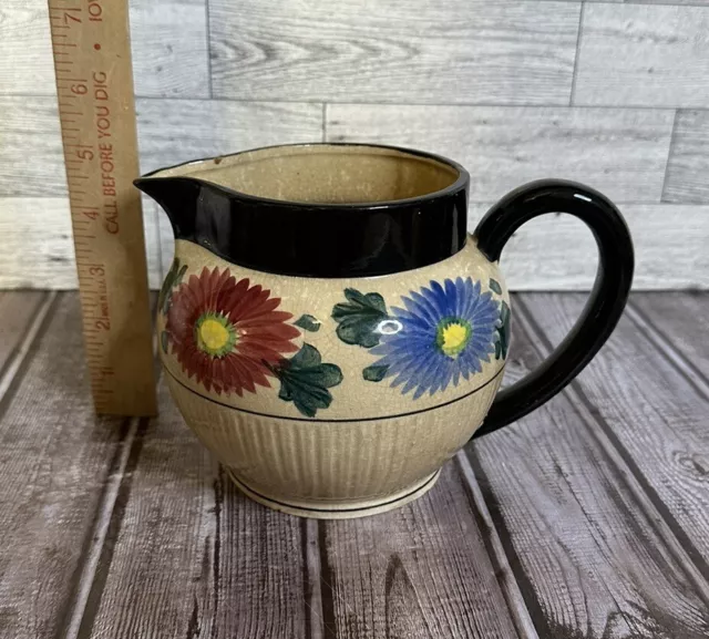 Small Vintage Ceramic Pitcher / Creamer - Hand Painted Floral Blue Red Black