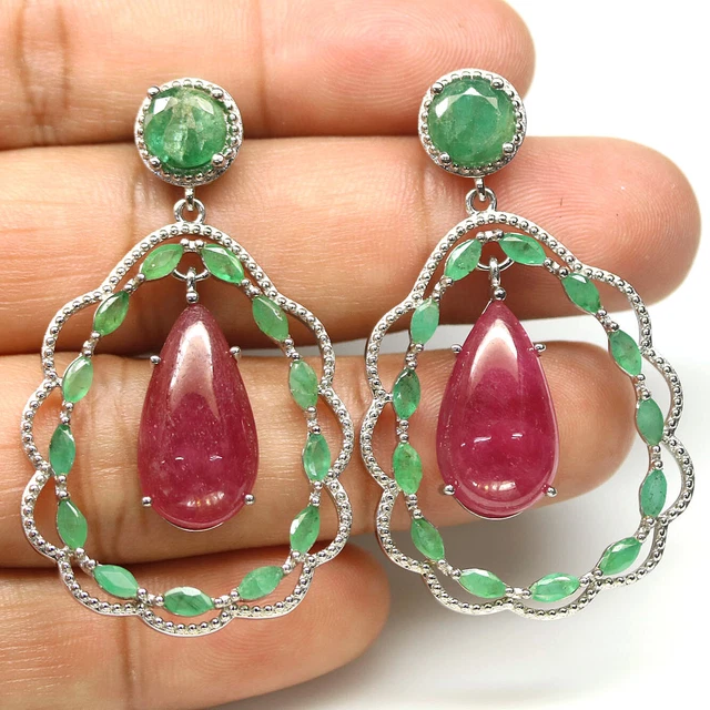 Hated 11x20 Mm. Rot Rubin,Smaragd & Cubic Zirkonia Ohrringe 925 Sterlingsilber