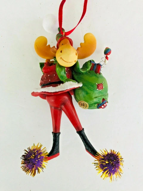 MOOSE JIGGLE ORNAMENT ~ dancing, pompoms on his toes, resin ~  NEW