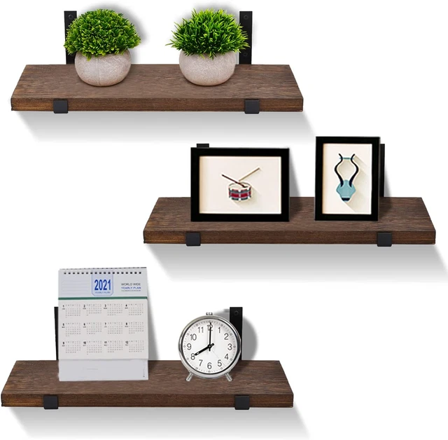 Wooden Floating Shelves Wall Mounted 3 Packs Wood Shelves with L Iron Brackets S