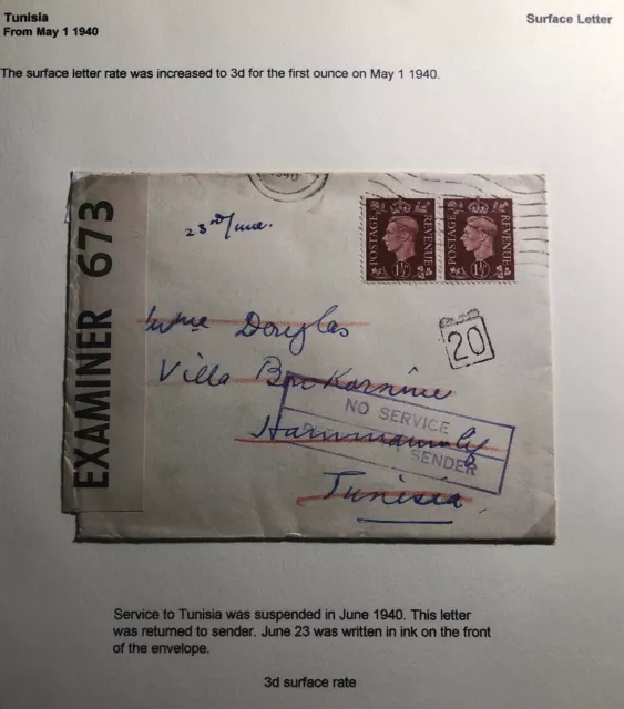 1940 England Censored Cover To Tunisia Service Suspended Due To War