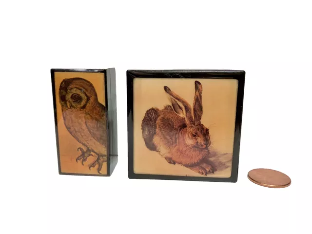 Vintage Albrecht Durer Young Hare RABBIT And Little Owl Set Acrylic Boxes