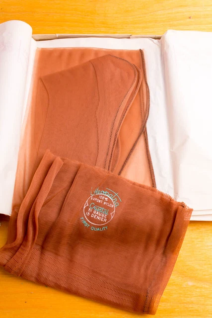 Calze vintage orig 50 nylon marrone calze senza supporto IMBALLO ORIGINALE 3 paia 40,5 US9,5