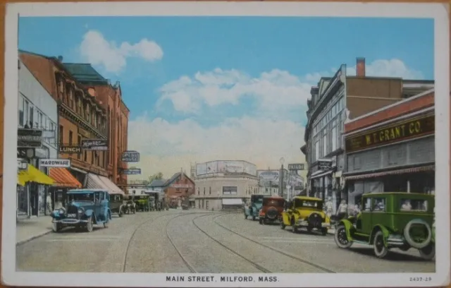 Milford, MA 1920 Postcard, Main Street, Downtown, Massachusetts Mass