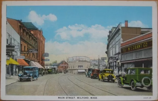 Milford, MA 1920 Postcard, Main Street, Downtown, Massachusetts Mass