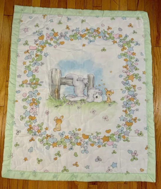 Vintage Precious Moments Lamb Fence Bunnies Crib Baby Quilt Blanket Green Satin