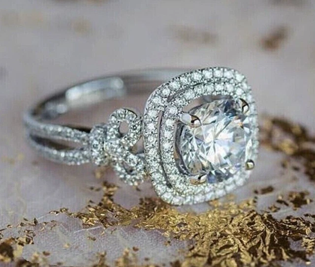 VVS1 3 CT Round Cut Moissanite Double Halo Engagement Ring 14K White Gold Plated