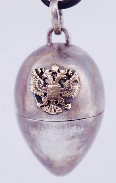 Imperial Russian Faberge Silver and Gold Eagle Easter Egg Pendant Pill Box c1887
