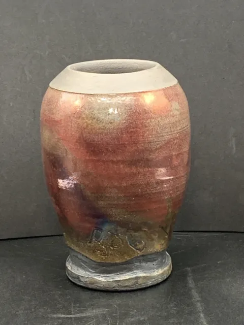 Raku pottery vase signed by artist JPEK or PJEK metallic glaze  6" art pottery