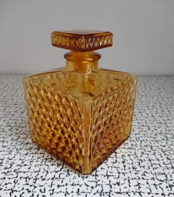 70s Vintage Retro Amber Yellow Glass Whiskey Decanter Diamond Texture Bottle MCM