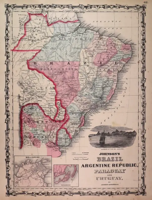Antique 1862 Johnson Atlas Map ~ BRAZIL - ARGENTINA ~ (14x18) Free S&H -#1394