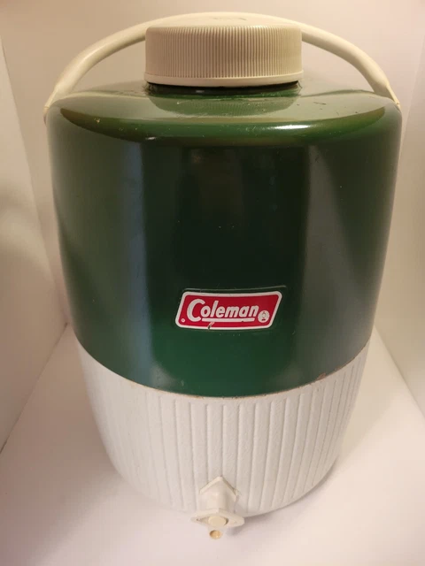 Vintage 2 Gallon Coleman Metal Green Top Water Cooler Jug with Cup and Lid