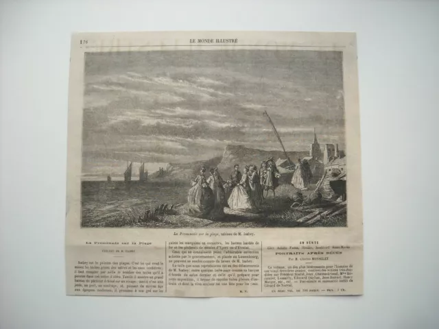 Gravure 1866. La Promenade Sur La Plage, Cotes De Manche. Tableau De M. Isabey..