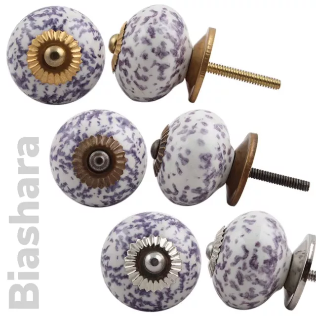 Purple White DOOR KNOBS CERAMIC Cupboard Handles Wardrobe Drawer Pulls Speckled