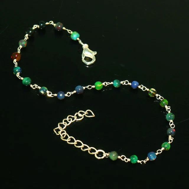 Bracelet Opale Noire éthiopienne Naturelle - Argent 925, 7 Perles, Réglable, Neuf Sans Emballage