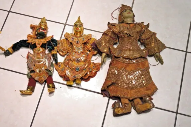 3 Antique Vintage Asian Burmese India  Hand Crafted Marionette Puppet