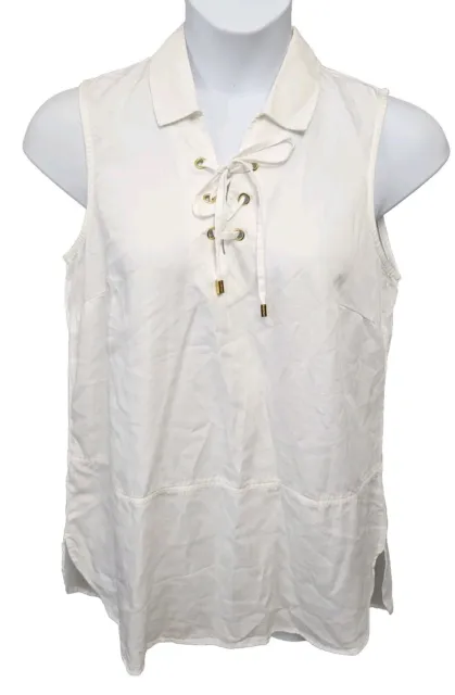 ELLEN TRACY Womens Size L Sleeveless White Lace Up Tunic Tank Top Shirt