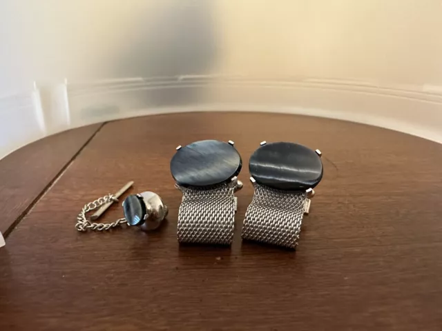 Vintage Silver Tone Dante Black Stone Mesh Wrap Cufflinks Tie Tack