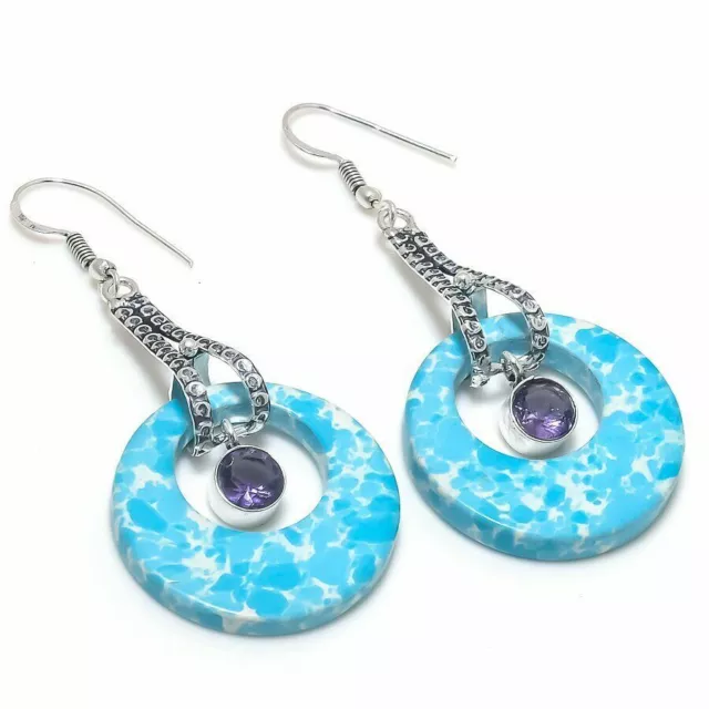Larimar, Amethyst Gemstone Handmade Ethnic Jewelry Earring 2.63" PE-330