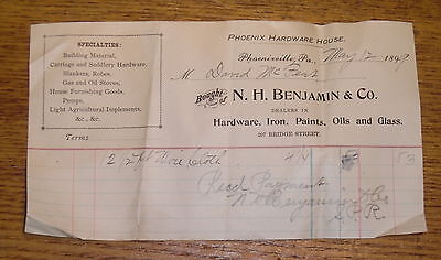 1899 Billhead - N.H. Benjamin & Co Hardware Iron Paints Oils - Phoenixville PA