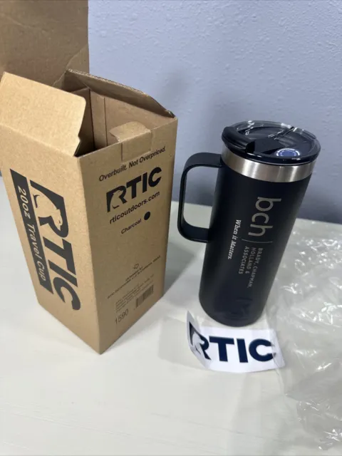 NWT 20 oz stainless steel Charcoal RTIC travel coffee cup With lid branded