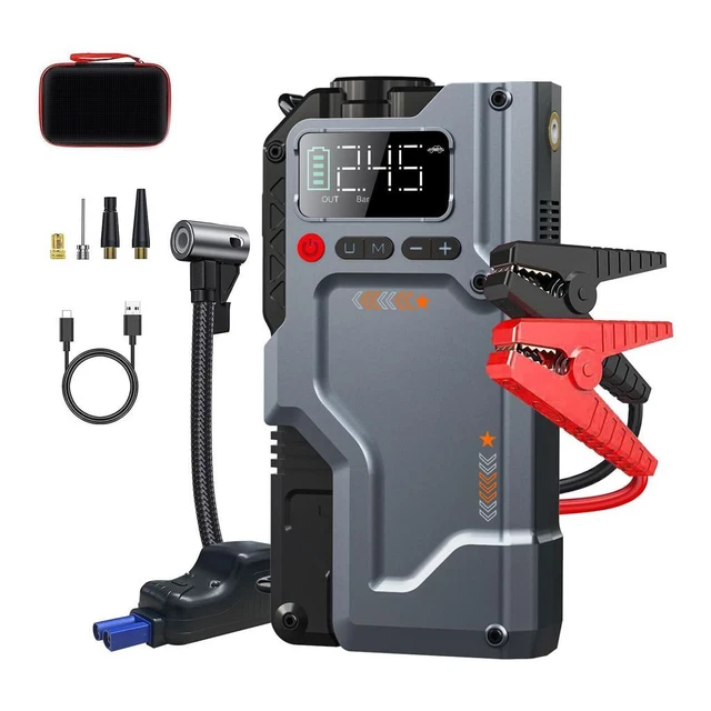 Jump Starter Portatile Con Compressore 12V - 300Ah, Picco 600A, Compressore 250 PSI - Avviatore Batteria Auto Di Emergenza