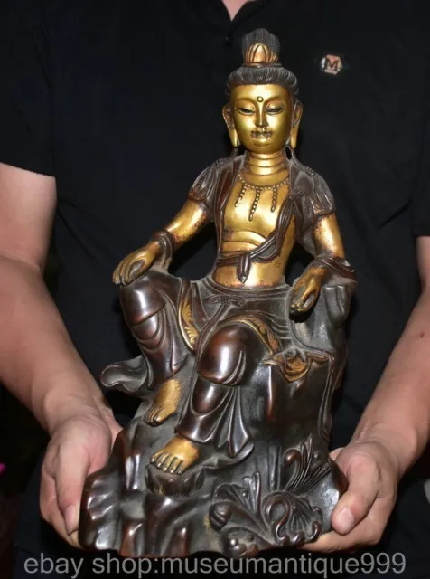 15.6" Old Chinese Purple Bronze Gilt Buddhism Zi Zai Guan Yin Goddess Statue