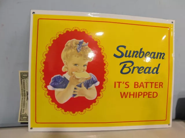 Sunbeam Bread SIGN Enamel Porcelain On Metal  16 1/4" x12 3/4 Girl  Batter Whipp