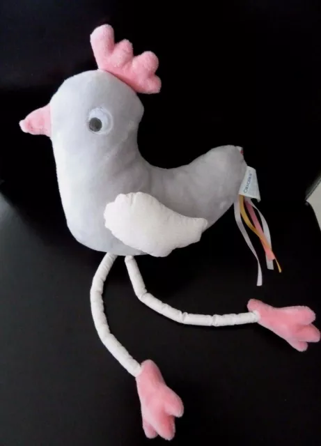 *. DOUDOU PELUCHE OBAIBI OISEAU POULE GRIS ROSE RUBANS HT 40/42 cms ETAT NEUF *