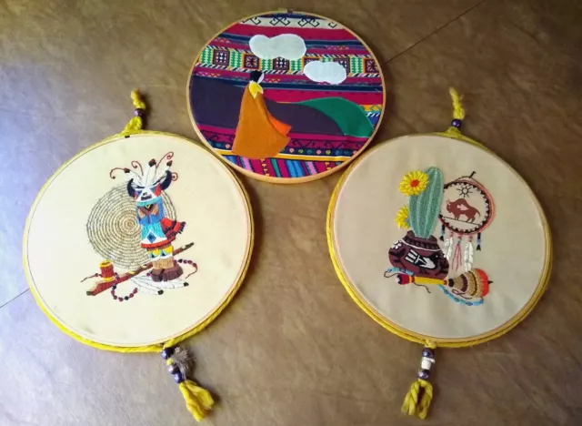 Set of 3 Beautiful Vintage Embroidery and Handmade Felt Native American Crewel