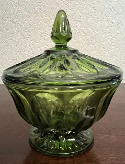 Vintage Anchor Hocking Fairfield Avocado Green Glass Lidded Candy Dish Compote