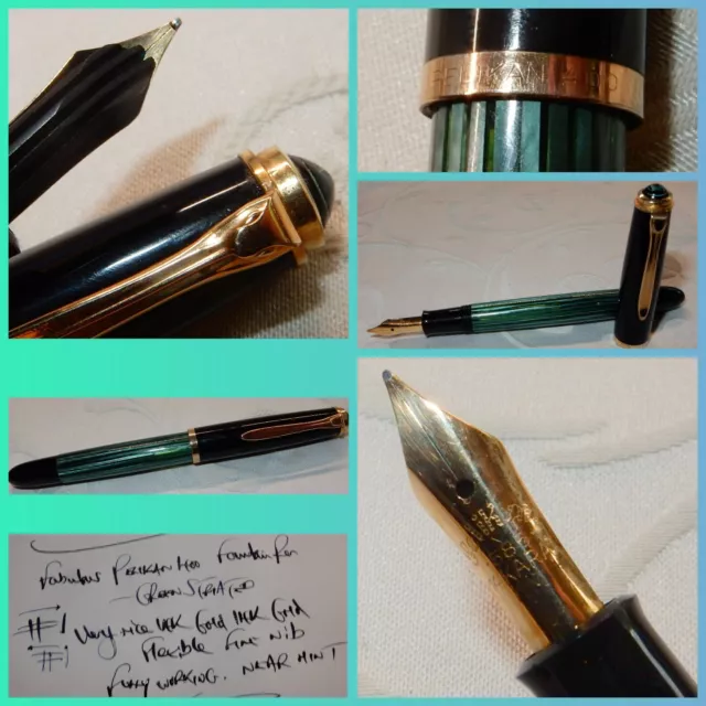 Pelikan 400 Fountain Pen Green Striated 14K Gold Fine Flexible Nib - Nr Mint