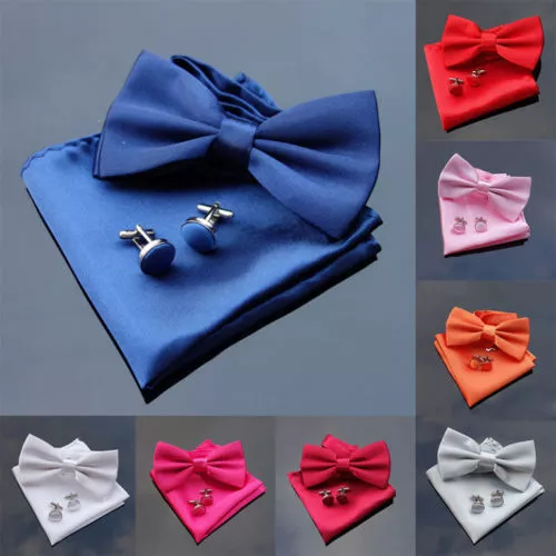 Bow Tie Satin/Silk Men Plain Pre-Tied Cufflinks Pocket Square Handkerchief 3pcs