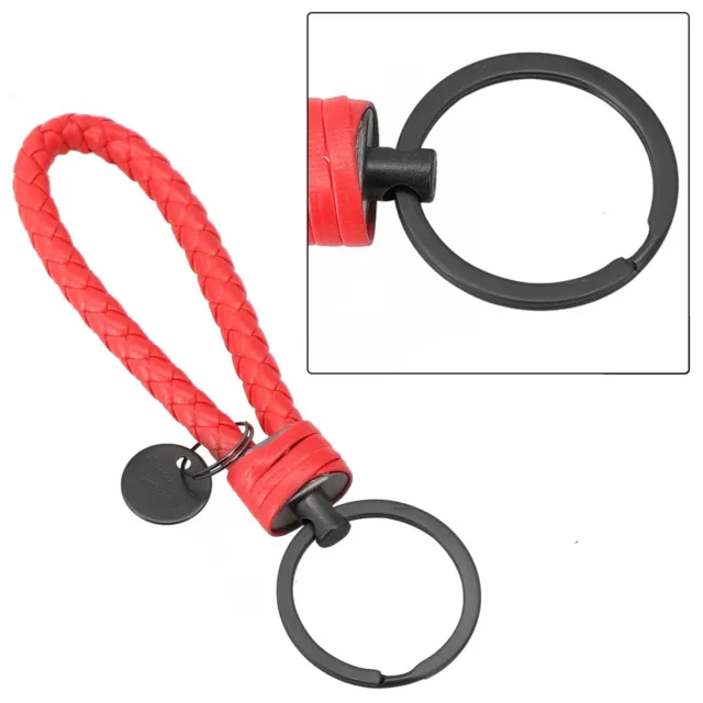 Secure Keychain Leather Strap with Braided Rope for Key Security (Black/Red)