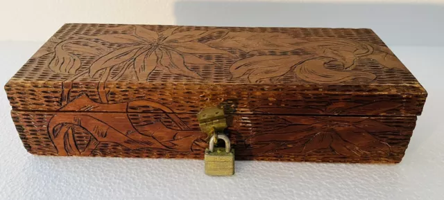 Vintage Old Pyrography Burnt Wood Box approx 10" x 3" x 2"