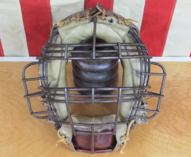Vintage 1930s Banner Baseball Catchers Face Mask Sun Visor Leather Pads  Antique