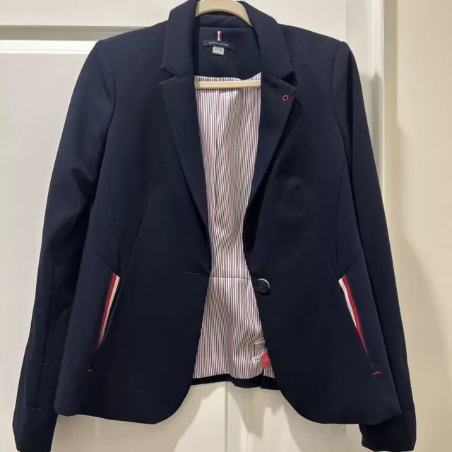 New Tommy Hilfiger Blazer Womens 6 Jacket Blue Logo Ribbon Zipper Pocket Button