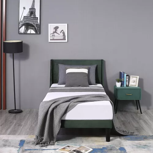 Single Bed Frame 3ft Velvet Upholstered Bed Frame with Wood Slat Support PZ