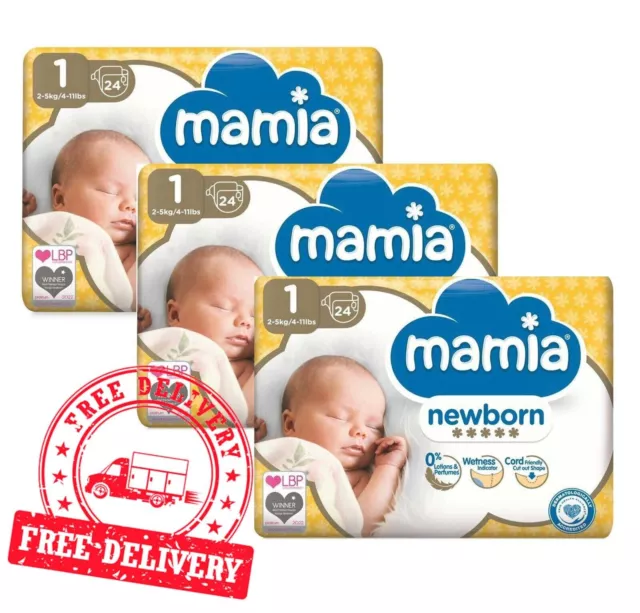 Mamia Baby Newborn Nappies Size 1, 2-5kg 3 X 24 Pack - 72 Total Baby Nappies