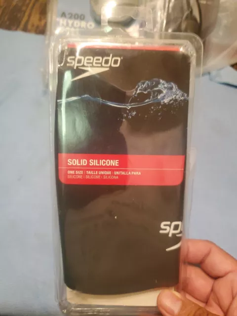 Speedo Solid Silicone BLACK Swim Cap One Size Logo Latex-Free Lightweight NEW