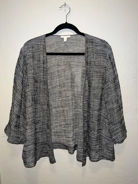 Eileen Fisher Womens Open Cardigan Knit Sweater Linen Blend Gray Cardigan Sz M