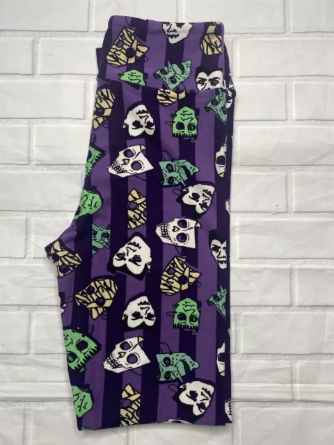 Lularoe Tween Leggings Halloween Holiday Stripes Purple Masks  NWOT