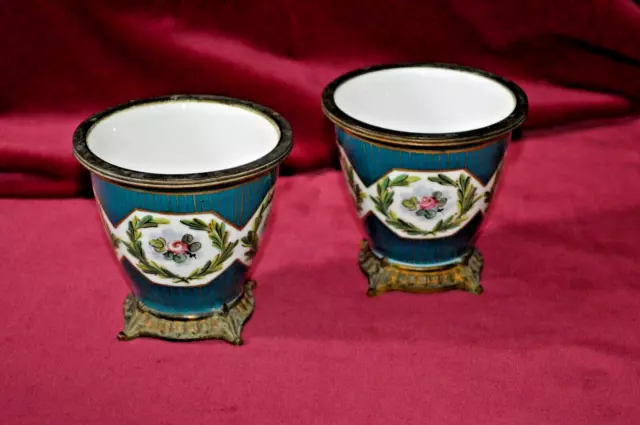 Antique Ormolu & Porcelain Small Cauche Pots Sevres Style Pair of