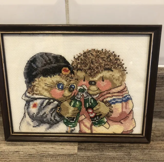 Country Companions Framed And Completed Cross Stitch “Cheers” Hedgehogs